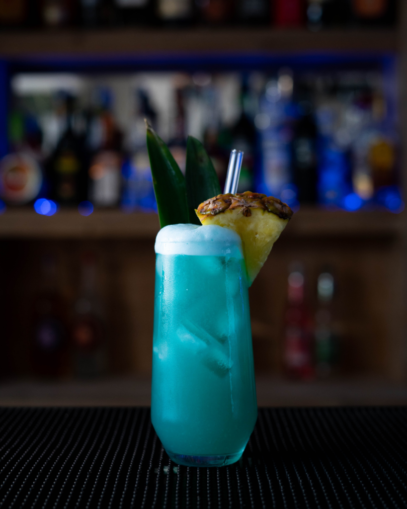 The Blue Hawaii on a bar countertop