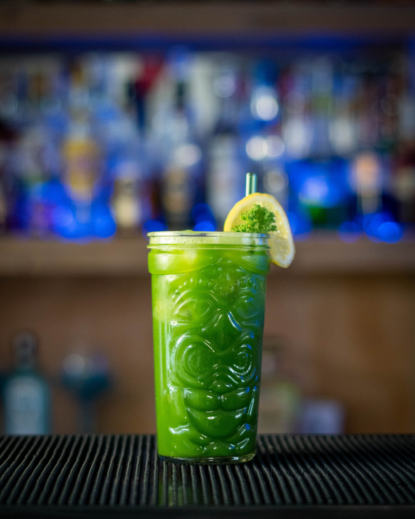 Green juice on a bar countertop