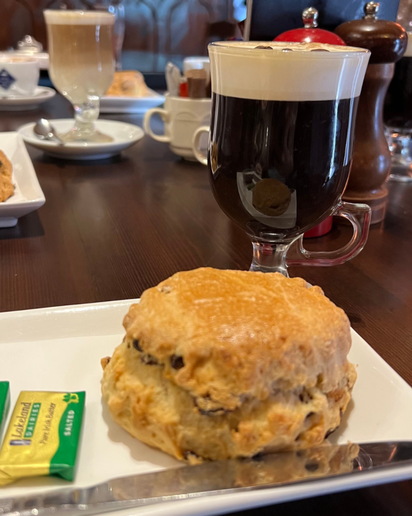 Award-winning Irish Coffee with a scone