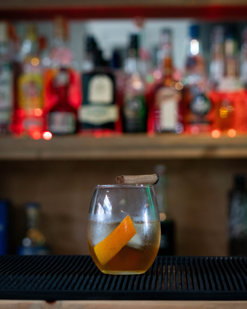 The Gingerbread Old Fashioned on a bar top