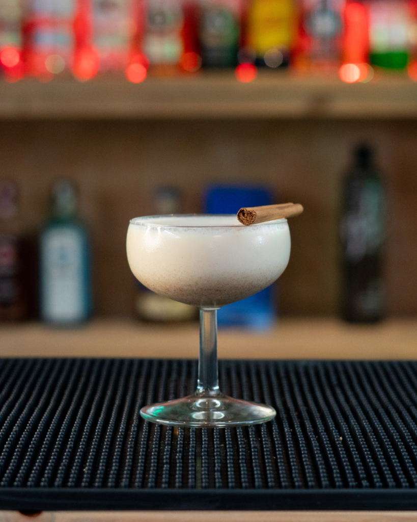 The Eggnog Martini on a bar top.