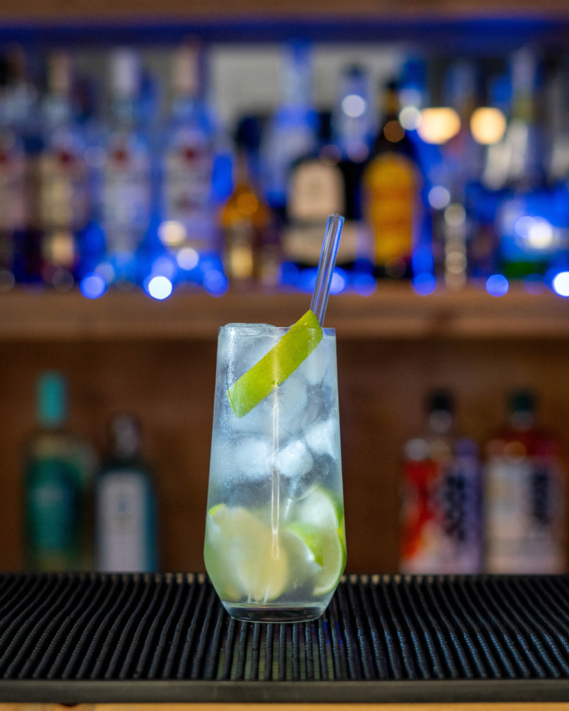 The Gin Rickey on a bartop.