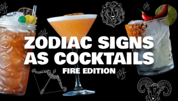 Black image with cocktail photos, zodiac doodles of the fire signs.