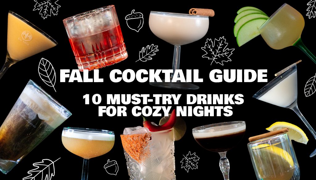 Header image cor the fall cocktail guide blog post. A black background with all kinds of fall cocktails