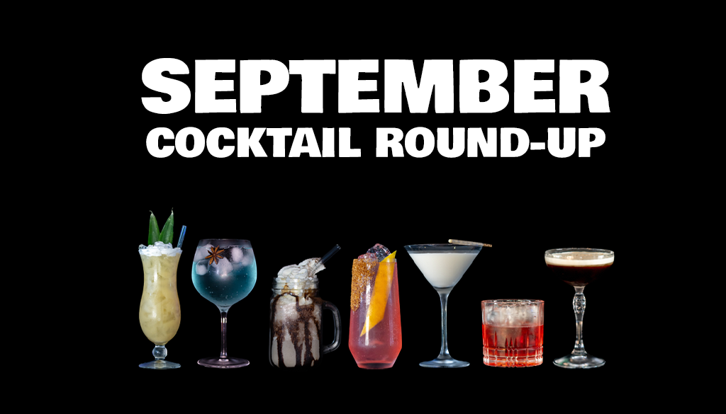 September Cocktail Round-Up with the seven cocktails of September on a black background on a Home Bar top