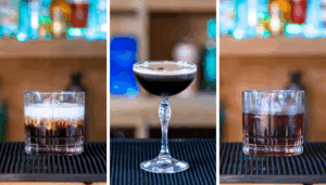 Three coffee cocktails next to each other. From left to right; The White Russian, The Espresso Martini and the Black Russian