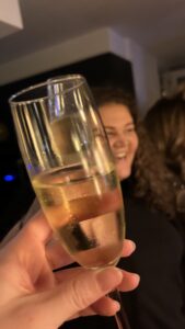 A champagne glass filled with the French 75 cocktail