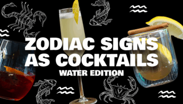 Zodiac Signs as Cocktails: Water Edition with scorpio, cancer and pisces white outline drawing and negroni, French 75 and Hot Toddy cocktail on a black background made in a Home Bar
