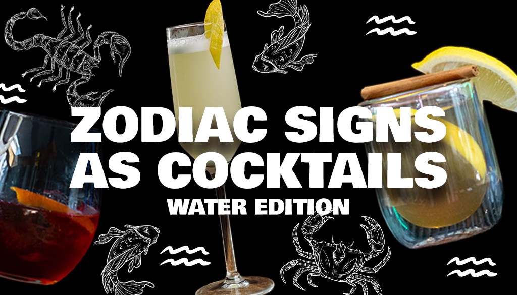 Zodiac Signs as Cocktails: Water Edition with scorpio, cancer and pisces white outline drawing and negroni, French 75 and Hot Toddy cocktail on a black background made in a Home Bar