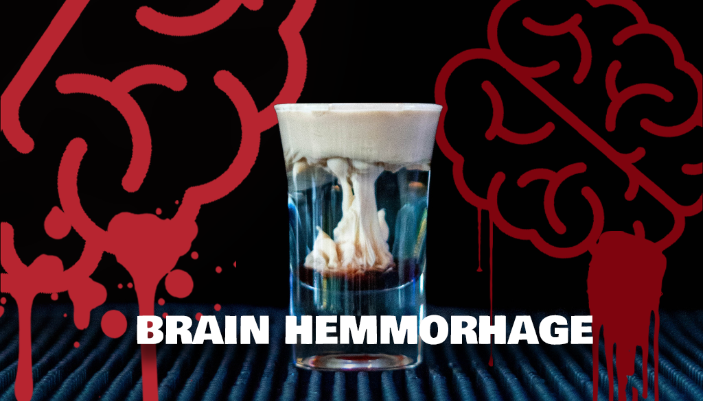 The Brain Hemorrhage Shot on a home bartop with a black background with two brains draining in blood