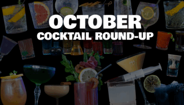 October Cocktail Round-Up with Halloween cocktails and shots, pumpkin pie martini, cinnamon roll martini, all on a home bar top with a black background