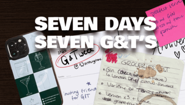 Seven days, seven G&T's with a background of an agenda stating G&T week is starting, a groceries list for all the gin, tonics, garnish and ice. Also a iPhone with an Worthington's Bar phonecase and a post it note with the Gin and Tonic ratio of 50ml gin and 100-150 ml tonic.