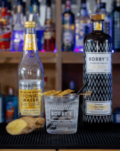 Bobby's Pinang Raci Gin & Fever-Tree Indian Tonic Water mixed on a home bartop.