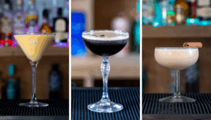 Three fall cocktails in a row. From left to right; Pumpkin Pie Martini, Espresso Martini, Cinnamon Roll Martini