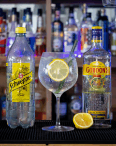 Gordon's Gin & Schweppes Tonic with its ingredients on a home bartop.