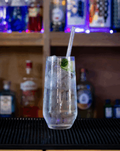 Gin & Tonic: Hendricks Gin & Fever-tree Indian Tonic mixed on a home bartop.