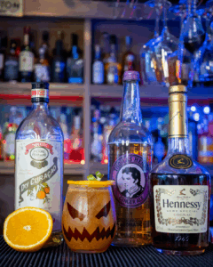 The Jack-'o'-Lantern Halloween Cocktail on a home bartop.