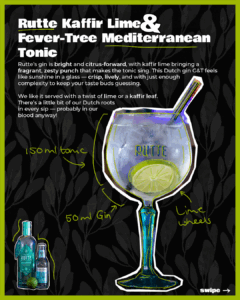 Gin & Tonic: Rutte Kaffir Lime Gin & Fever-tree Mediterranean Tonic recipecard on a home bartop with a black background.