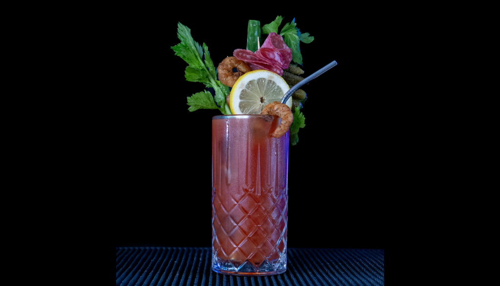 The Bloody Mary on a home bartop with a black background