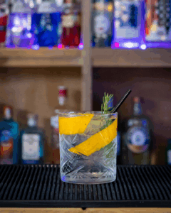 Black Forest Wild Gin & Fever-Tree Mediterranean Tonic Water mixed on a home bartop.