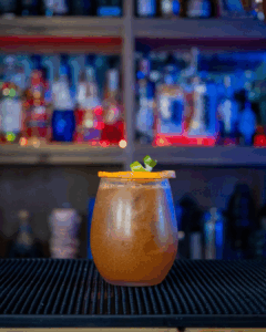 The Jack-'o'-Lantern Halloween Cocktail on a home bartop.