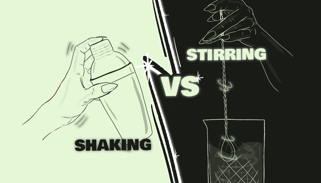 Graphic doodle of a hand shaking with a cocktail shaker versus a hand stirring with a cocktail spoon in a glass