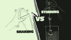 Graphic doodle of a hand shaking with a cocktail shaker versus a hand stirring with a cocktail spoon in a glass