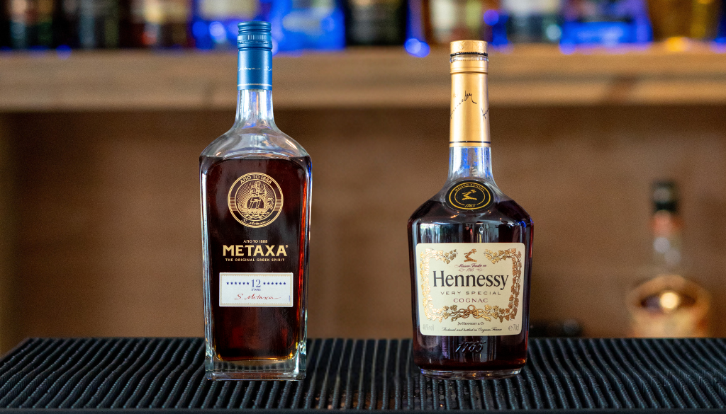 Brandy & cognac bottle on a home bartop.