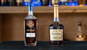 Brandy & cognac bottle on a home bartop.