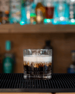 The White Russian on a home bartop.