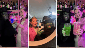 Britt and Joy dressed up as Glinda & Elphaba holding the Wicked Cocktails and Mocktails: