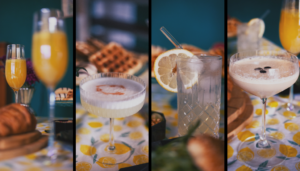 Brunch with Brunch Cocktails including Pisco Sour, Cappuccino Martini, Mimosa and Elderflower Collins with croissants, waffles, donuts and a salmon bagel on a lemon tablecloth