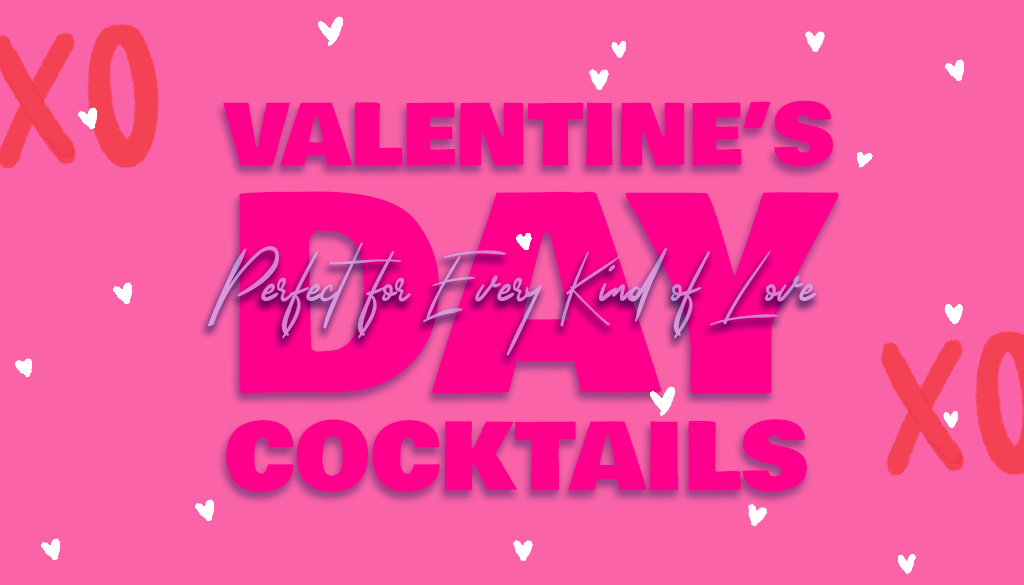 Valentine's Day Cocktails on a pink background with little white hearts