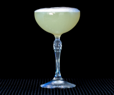 The Pisco Sour on a home bar top with an all black background