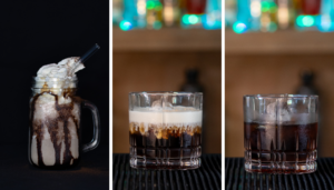 The Mudlside, The White Russian and the Black Russian on a home bar top.