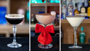 The Espresso Martini, the Baileys Tiramisu Martini and the White Chocolate Martini on a home bar top.