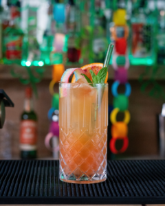 The Pot of Gold mocktail on a home bar top