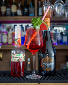 The Watermelon Spritz cocktail on a home bar top surrounded by its ingredients