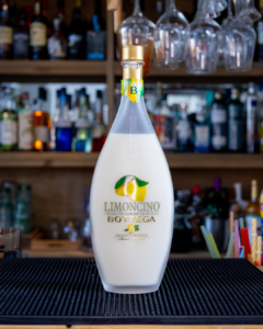 Bottega Limoncino Liqueur bottle on a home bar top