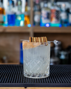 The Spekkoek Margarita cocktail on a homebar top.