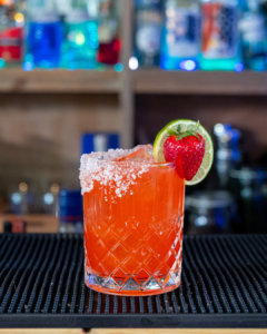 The Strawberry Margarita cocktail on a homebar top.