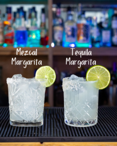 The Mezcal Margarita Cocktail and the Tequila or Classic Margarita cocktail on a home bar top